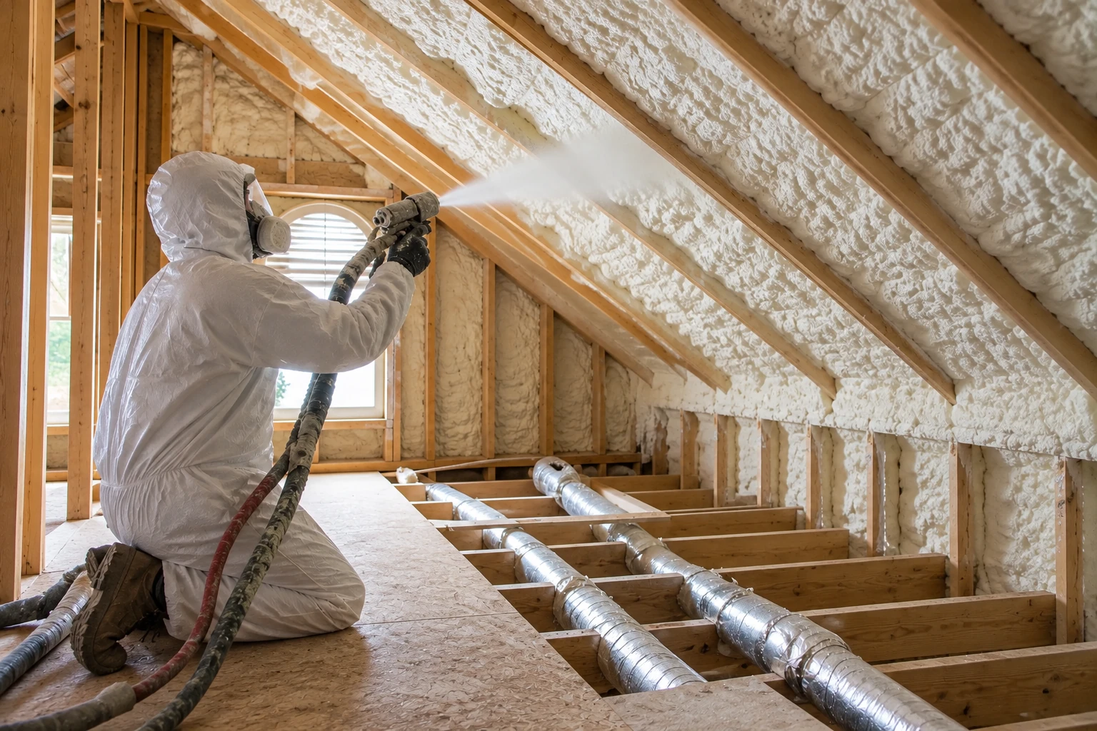 A worker in protective gear sprays foam insulation onto the sloped rafters of an attic.