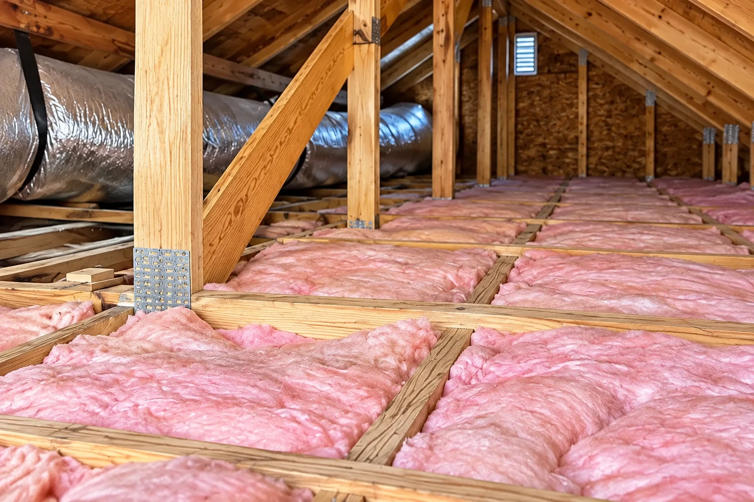 Pink fiberglass batts cover an attic floor between wooden joists, with a large insulated duct running along the side.