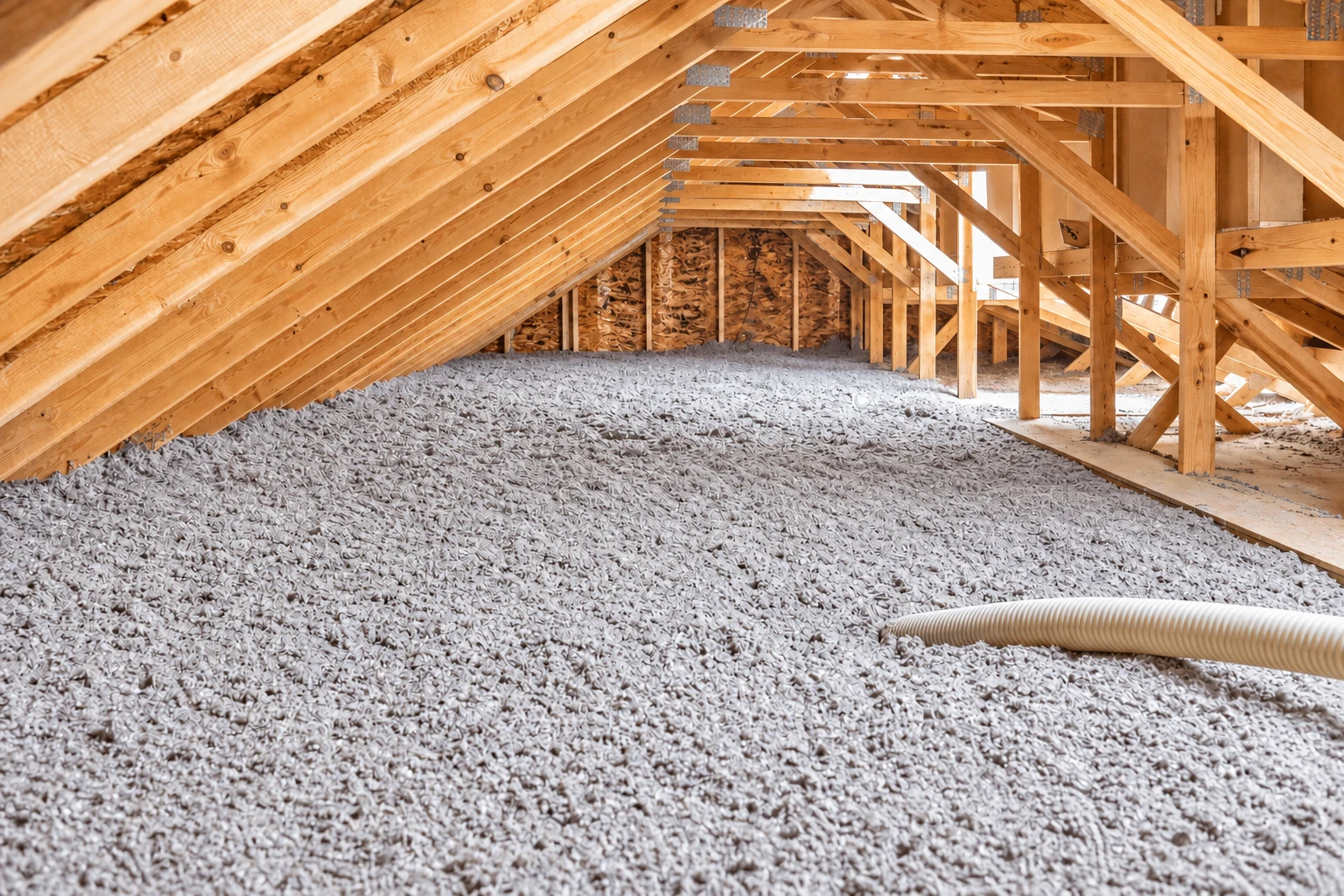 Loose gray insulation covers an attic floor beneath exposed wooden roof trusses.
