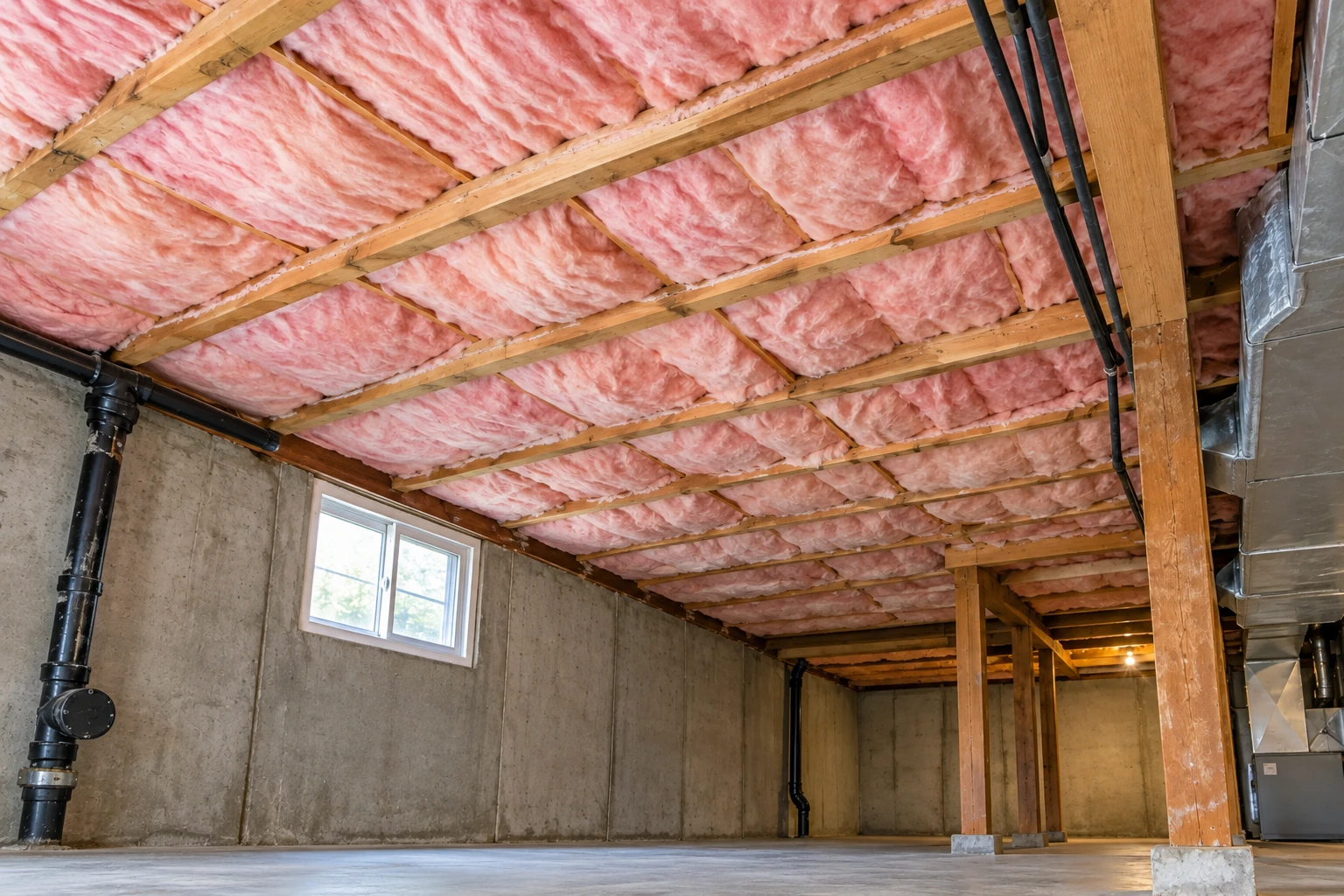 Basement with pink batt insulation between ceiling joists, concrete walls, support posts, pipes and ductwork.