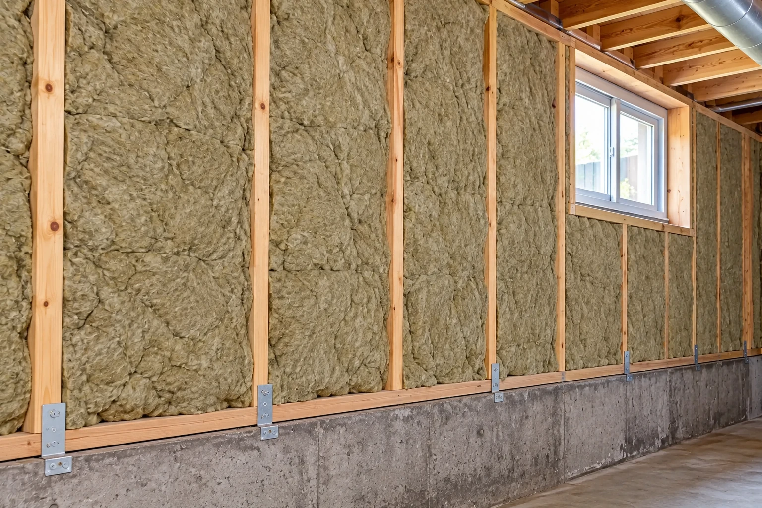 Basement wall framing filled with gray insulation batts above a concrete foundation, with a small window nearby.