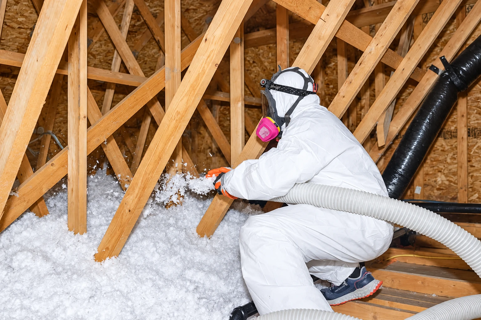 A worker in protective coveralls and a respirator directs a hose to blow loose insulation into an attic.