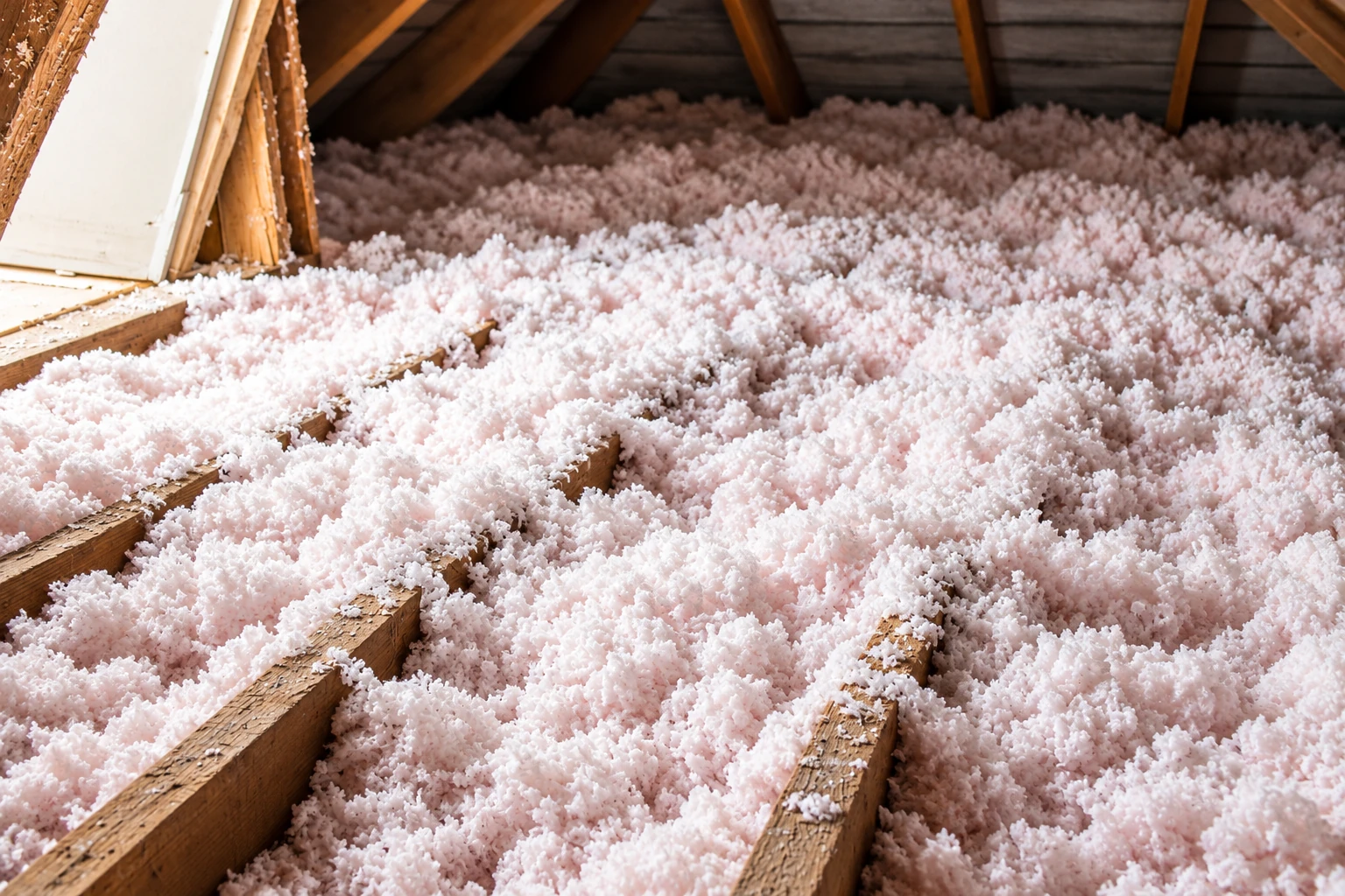 Pink blown-in insulation blankets an attic floor between exposed wooden joists.