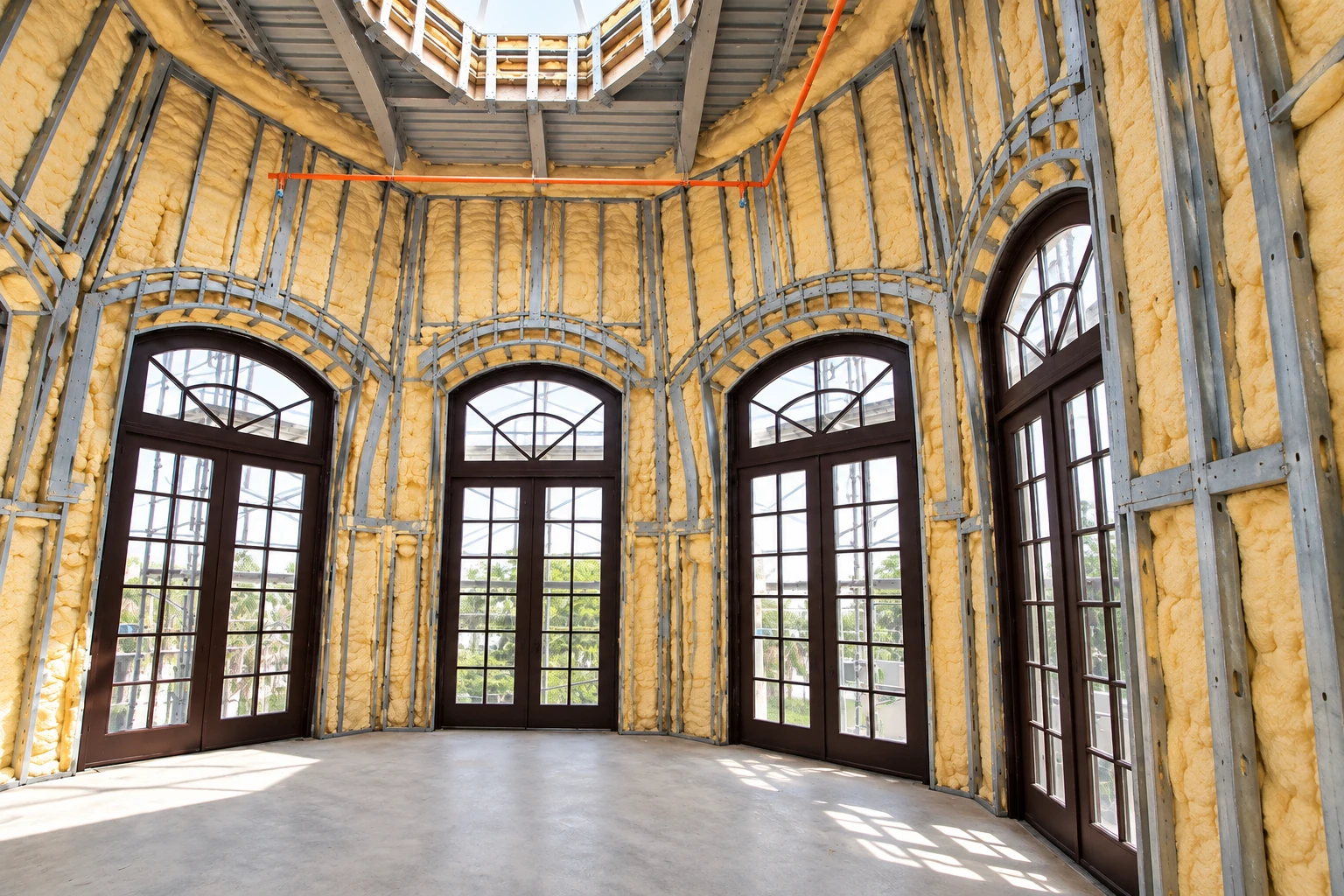 Yellow spray foam fills the steel-framed walls around tall arched windows in a spacious commercial interior.
