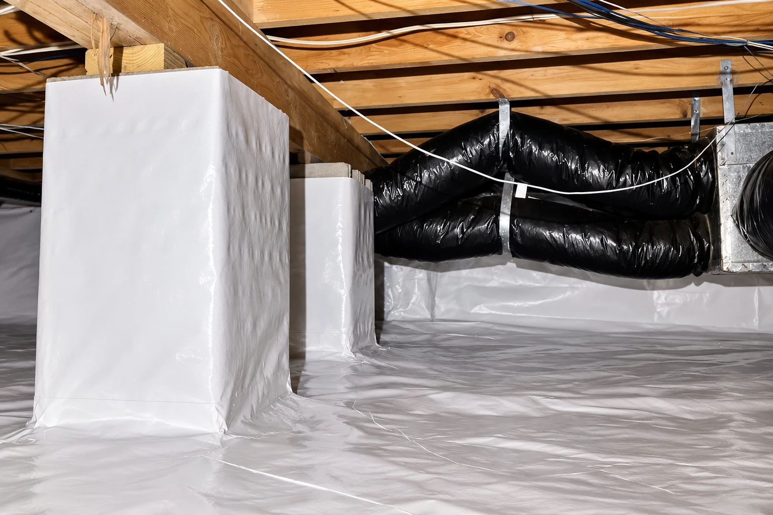 Crawl space with white vapor barrier covering the floor and supports, beneath exposed joists and black flexible ducts.