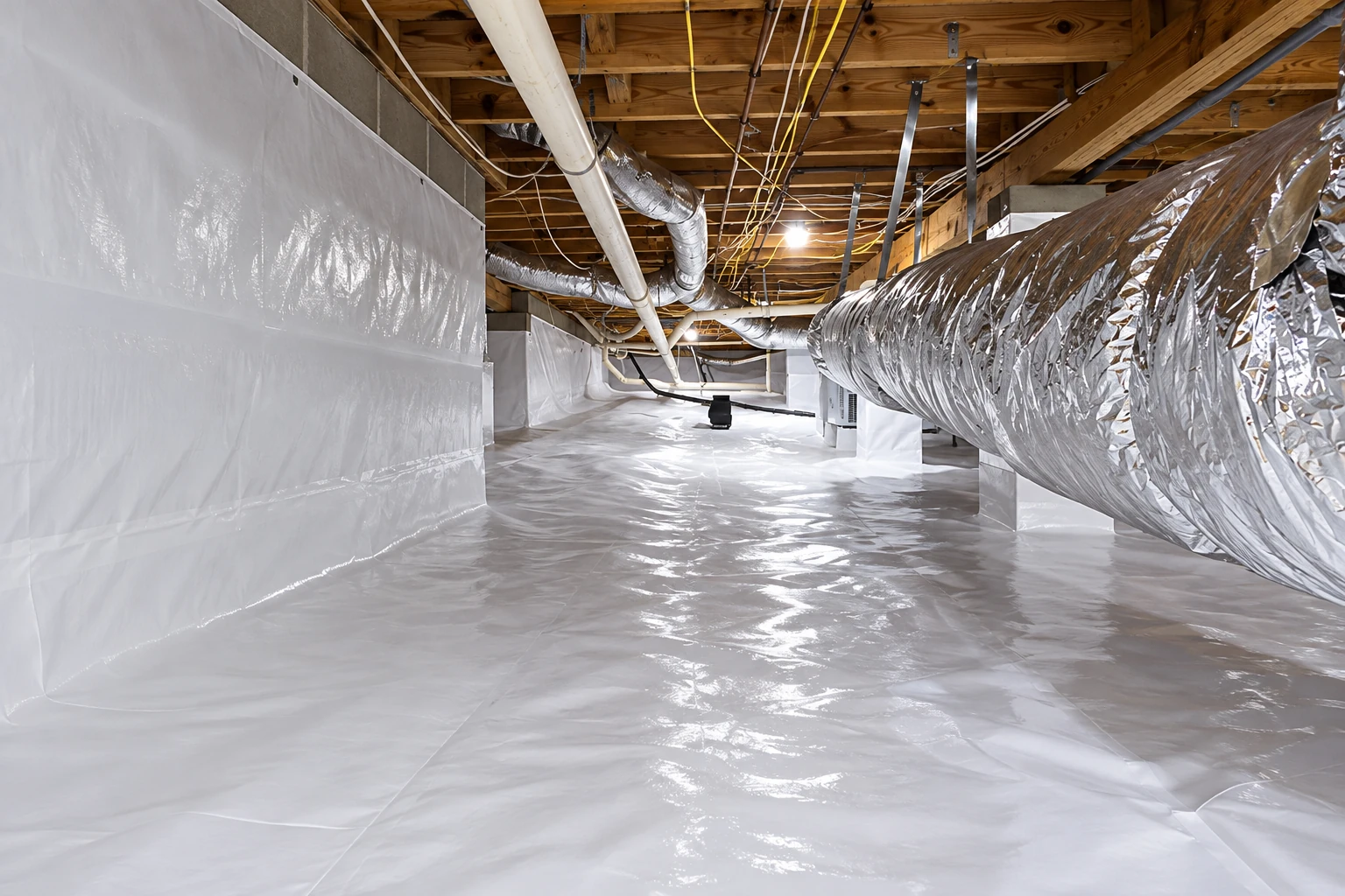 A crawl space has a glossy white vapor barrier covering the floor and lower walls beneath exposed joists and ducts.