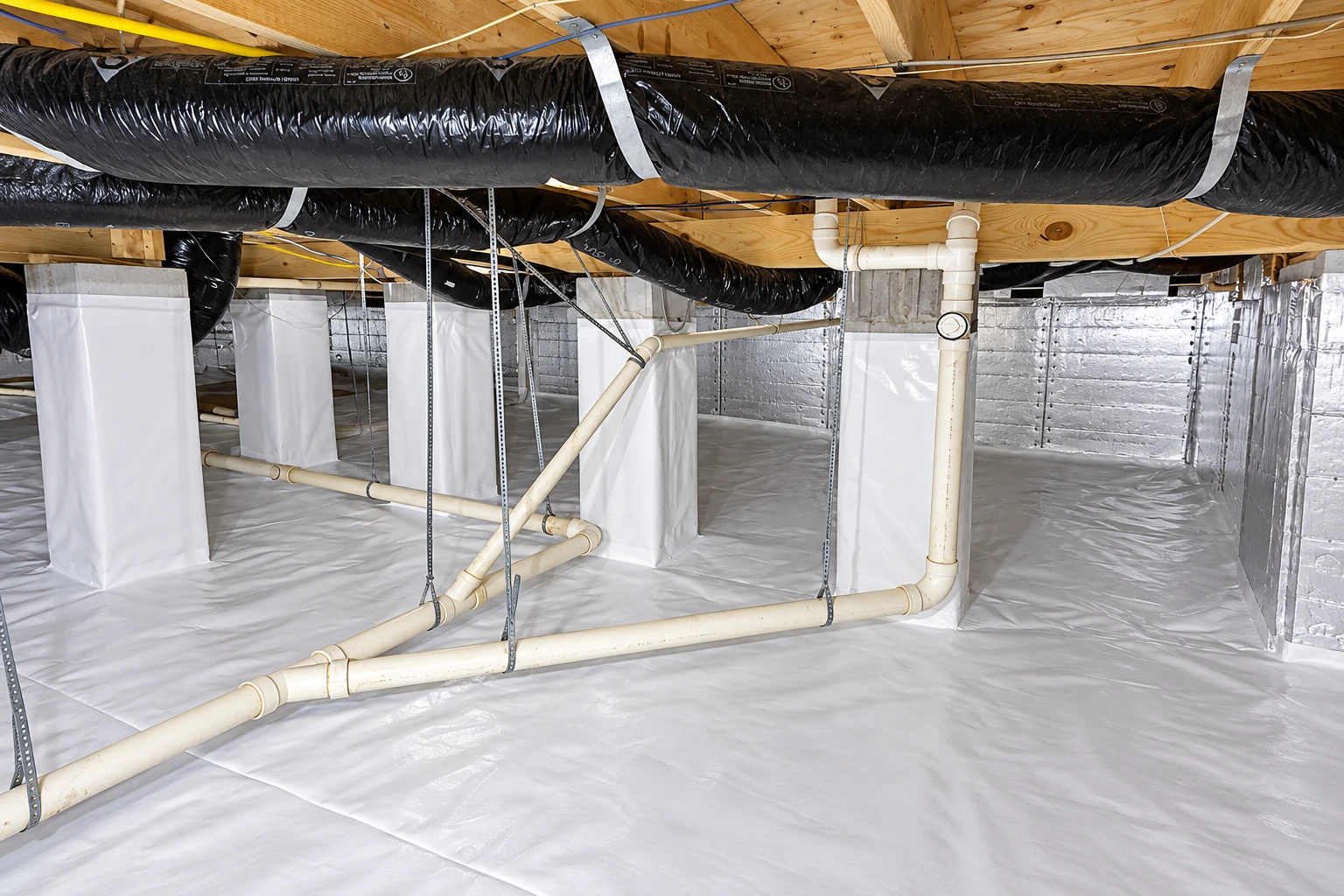 Crawl space with a white vapor barrier covering the floor and reflective insulation on the walls.
