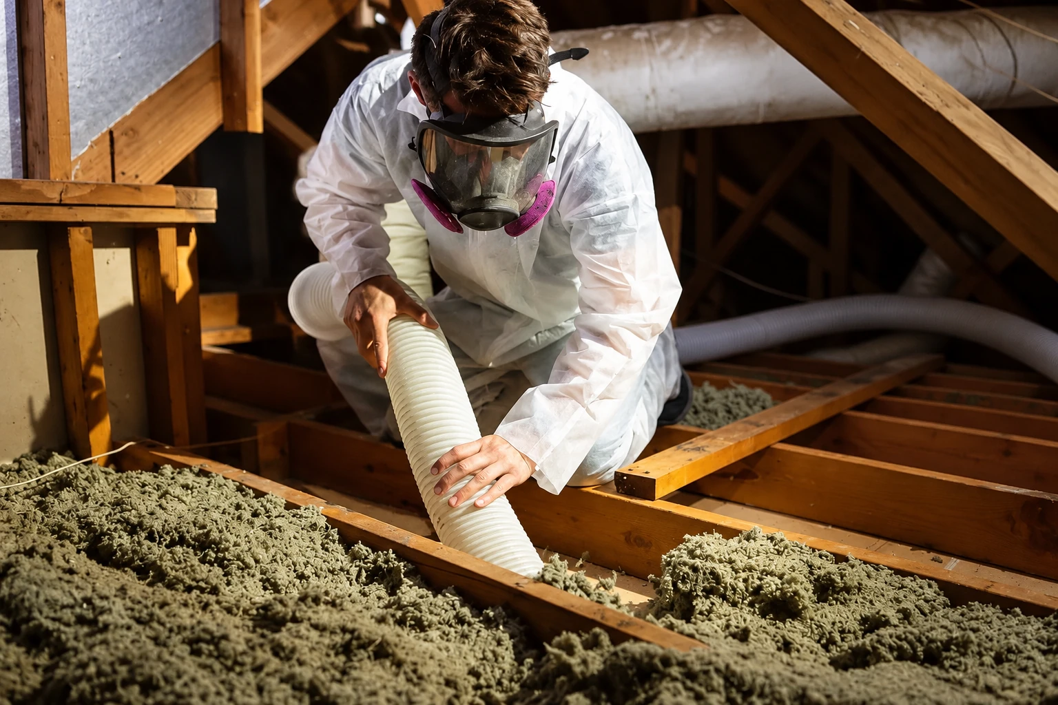 A worker in protective coveralls and a full-face respirator vacuums loose attic insulation through a hose.