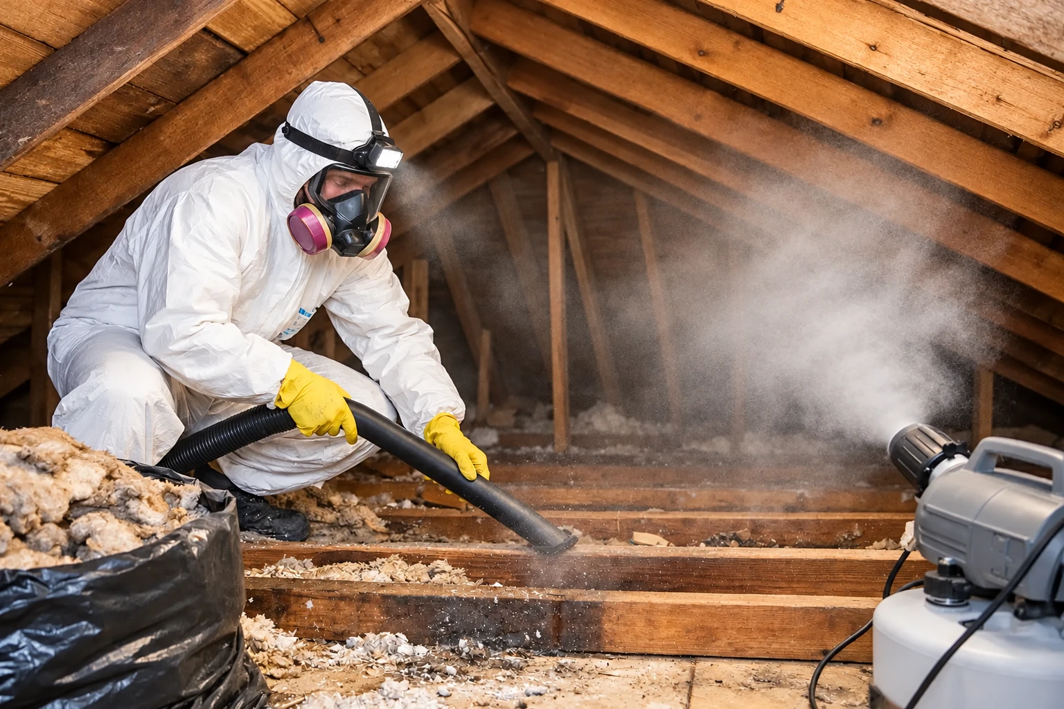 A worker in protective gear vacuums loose attic insulation through a hose as dust rises among the roof beams.