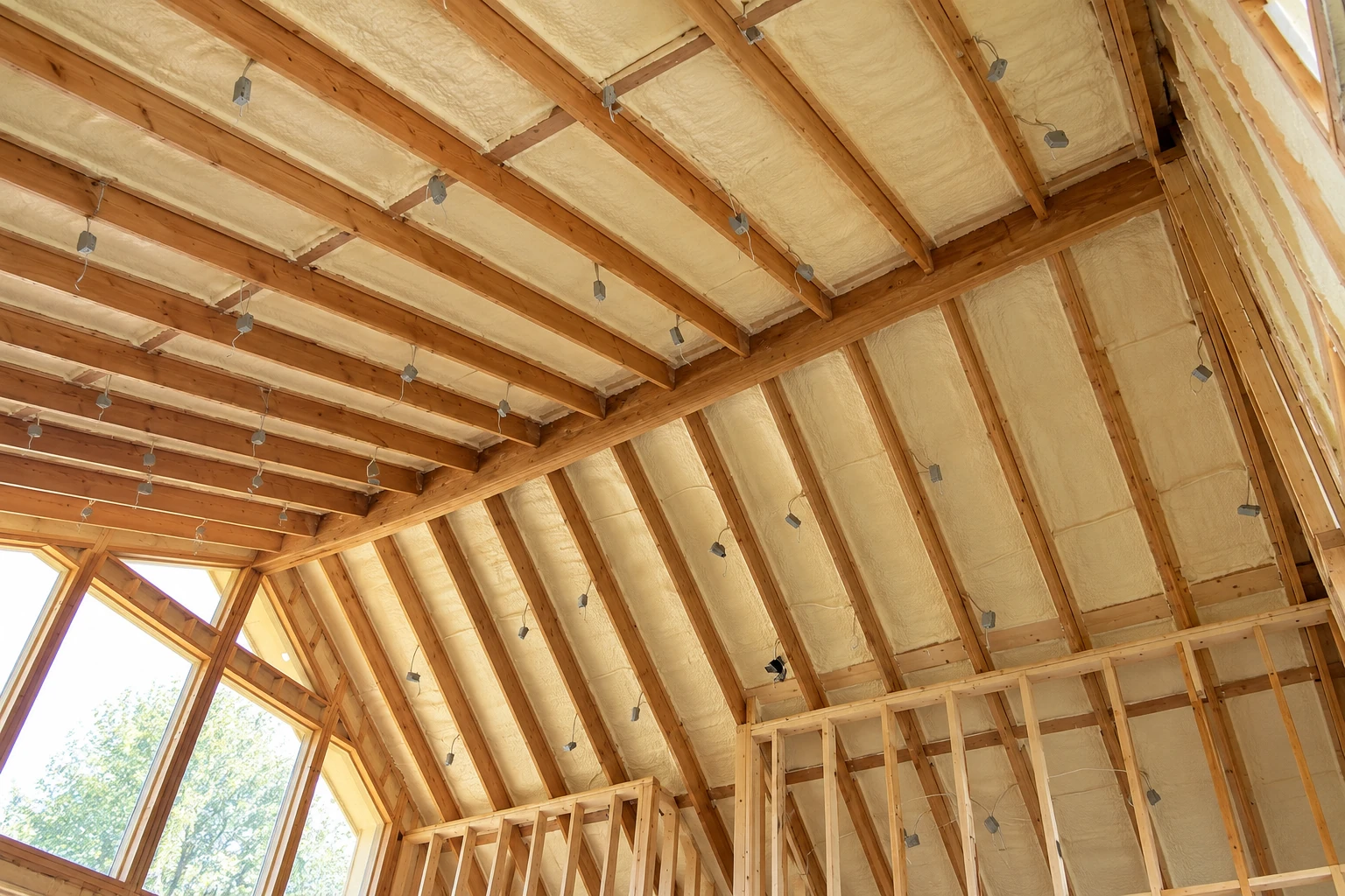 Open-cell foam insulation fills the ceiling and wall cavities of a wood-framed room with large windows.