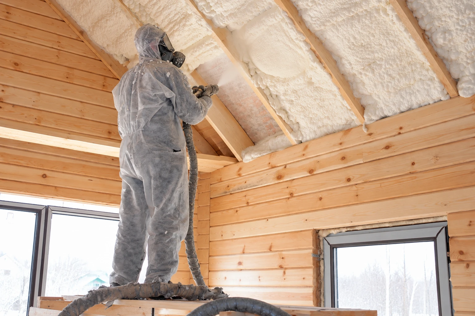 A worker in protective coveralls sprays white foam insulation into the exposed rafters of a wooden ceiling.