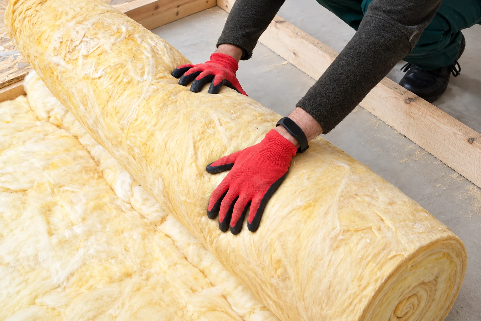 Gloved worker handles a roll of yellow fiberglass insulation during a retrofit.