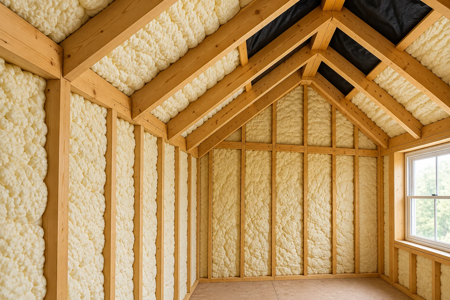 Spray foam insulation fills the wall and roof cavities of a timber-framed room, with a window on the right.