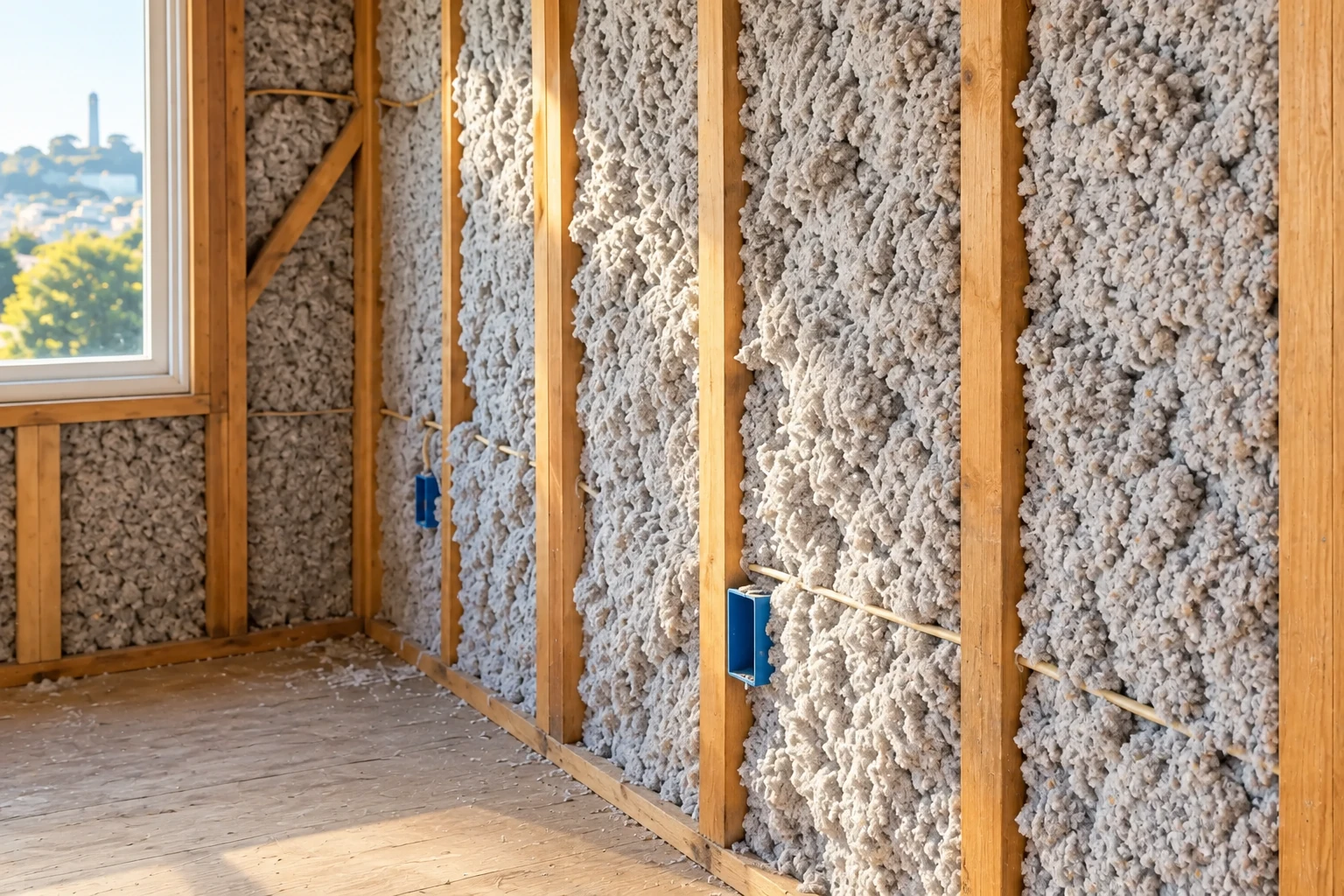Open wall framing filled with dense gray blown-in insulation beside a window.