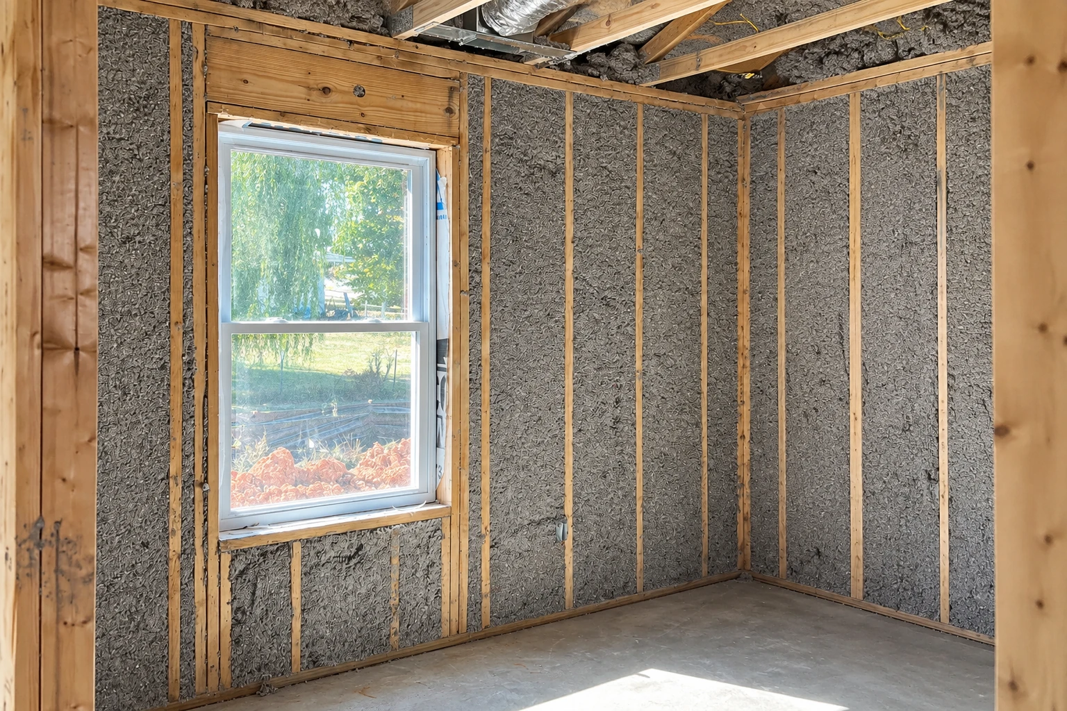 Gray insulation fills the spaces between exposed wall studs around a window in an unfinished room.